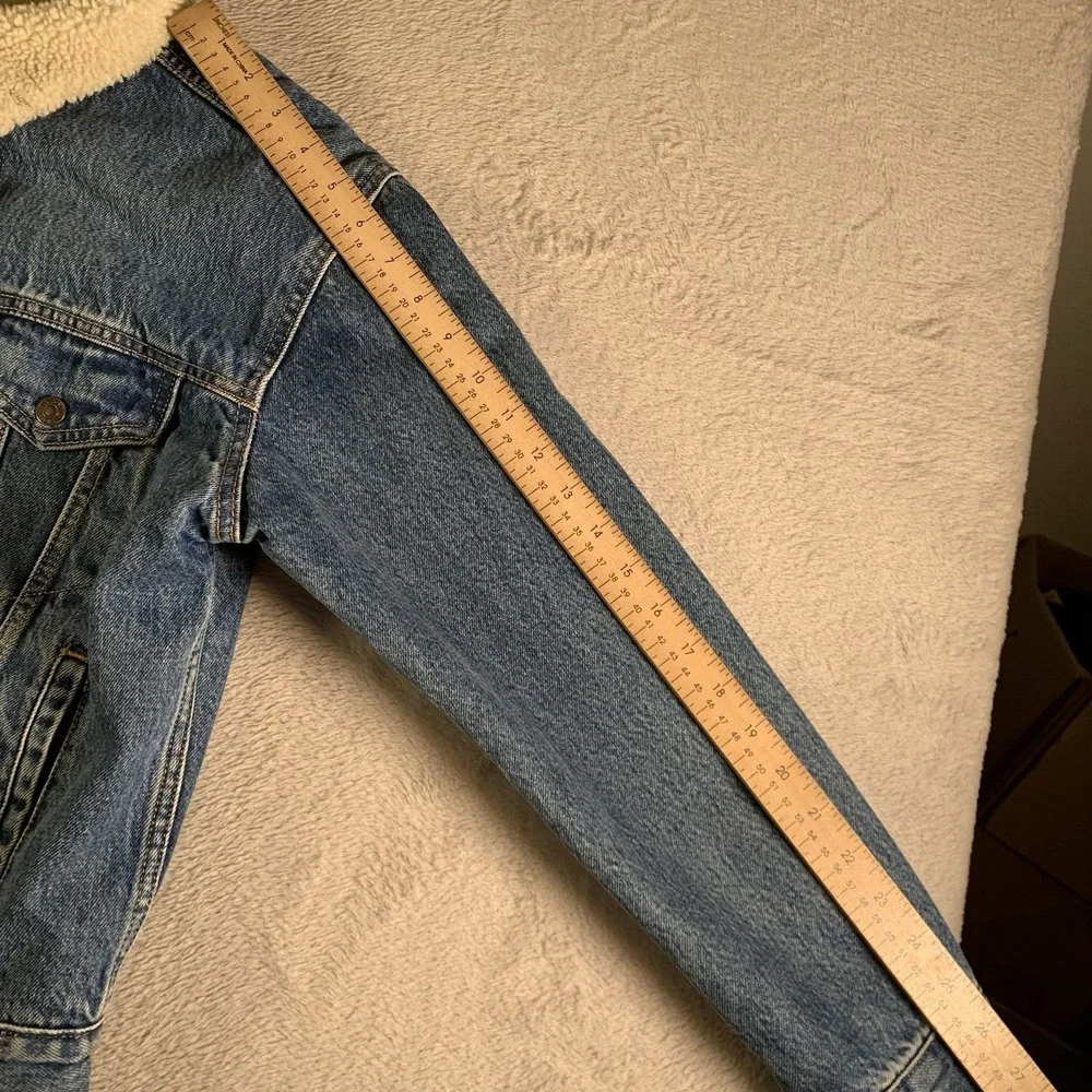 Levis Denim‎ Jacket Premium Mens Small Blue Denim Sherpa Lined Snap Button Big E